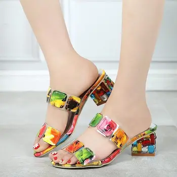 Letné sandále dámske topánky 2020 módne ryby úst drahokamu sandále ženské topánky námestie podpätky, topánky žena papuče plus veľkosť