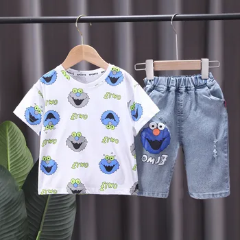 Batoľa Chlapci Dievčatá Cartoon Sesame Street Oblečenie Nastaviť Módne Nové Letné O-neck T-shirt+Roztrhané Džínsy 2-dielna Bežné Detské Oblečenie
