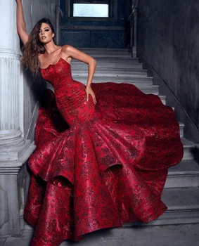 Úžasné Červená Trúby Večerné Šaty Bez Ramienok Čipky Flitrami Prehrabať Sukne Luxusné Prom Šaty Žien Formálne Oblečenie Druhý Príjem Šaty
