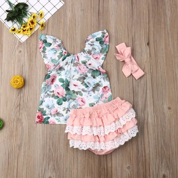 Roztomilý Kvetinový Oblečenie Baby Dievčatá Kvetinové Šaty T-tričko +Nohavice+hlavový most 3KS Dievča Oblečenie, Oblečenie Set sa