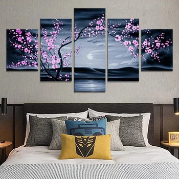 Nie Zarámované Plátno 5 ks Sakura Strom Jazero Nočná Scéna HD Wall Art Plagáty, Obrázky, Obrazy Domova Príslušenstvo Miestnosti Dekorácie