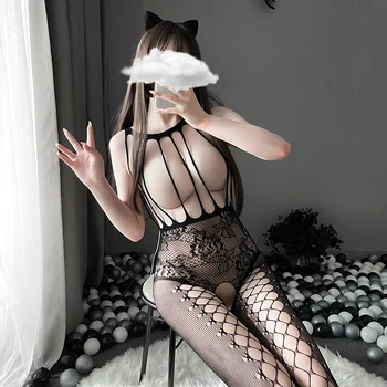 SEXY MŇAU Dámy Plus Veľkosť Oka Kombinézu Otvorené Rozkroku Sieťované Pančuchy Ženy Sexy Žakárové Erotické Nightgown Vidieť Cez spodné Prádlo