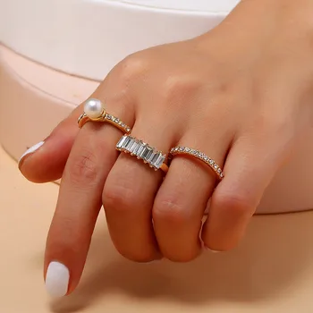 3ks Crystal Pearl Prsteň Pre Ženy Šperky Zlaté Prstene Dámske Módne Vintage Prst Prsteň Femme Geometrie Snubné Prstene, Darčeky