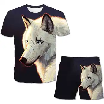 Chlapci 3D Oblečenie Zvierat Vlk Tlačiť T-Shirt Letné T-Shirt Módne Šortky Boys Cartoon Nastaviť 4-14 Rokov