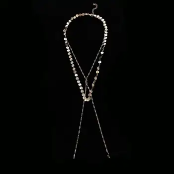 Boho lariat náhrdelník Dlho Y tvar náhrdelník Double Strand Flitrami Zábal Mince Choker Náhrdelník pre Ženy Šperky