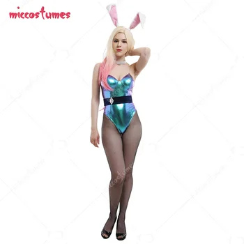 LOL Ahri Bunny Dievča Jedného Kusu Jumpsuit Lesklé Zentai Kombinézu Celý Set Cosplay Kostým s Bunny Uchu, Vlasy Kapely a Náhrdelník