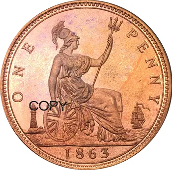 Spojené Kráľovstvo 1863 Jeden Cent Victoria Červená Meď Kópie Mincí