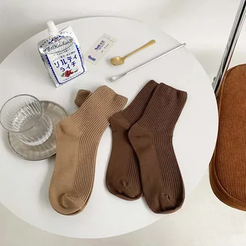Móda Uprostred Trubice Ponožky Udržať v Teple Elastické Japonský Štýl 1Pair Bavlna Vertical Bar Dámy Hromadu Ponožky Čistá Farebná Jeseň & Zime