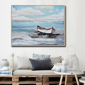 Ručne ťahané olejomaľba na šírku obrazu na plátne modernej obývacej izby s loďou na pláži