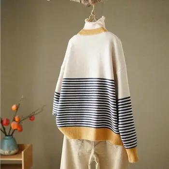Šitie prekladané dlhé rukávy okrúhle krčný-pletený sveter žien na jar a na jeseň nové voľné módne bežné vyšívané sveter