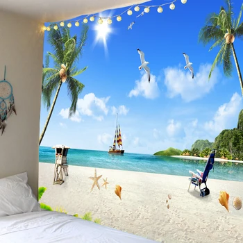 Pláž gobelín kokosového stromu na more, výhľad na stene visí koberec pláži hippie gobelín polyester textílie domáce dekorácie na stenu zavesenie