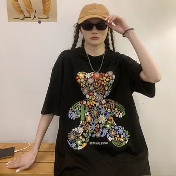 Harajuku Ženy T-Shirt Výšivky, Kvetinové Medveď Letné Krátke Puzdre Tričko Y2K Bavlna Voľné Patchwork Lolita kórejský T-Shirt Plus