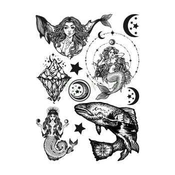 Nepremokavé Dočasné Tetovanie Nálepky Morská víla Sexy Dievča Veľryba Hviezdy, Mesiac, Horské Flash Tetovanie Falošné Tatto pre Mužov, Ženy