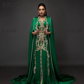 YALIN Zelená Marocký Caftans Večerných Šiat, Výšivky Appliques Elegantné Svadobné Šaty Dubaj arabčina Satin Formálnej Strany Šaty