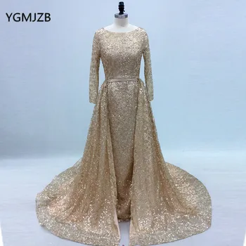 Iskrivý Zlato Večerné Šaty Sequin 2021 Morská Víla Dlhé Rukávy Odnímateľný Sukne Ženy Formálnej Strany Prom Šaty