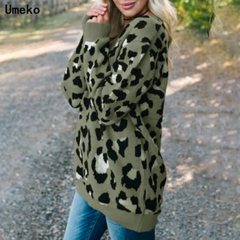 Umeko Fsahion Bežné Farebný Pletacie Sveter Ženy Kamufláž Leopard Žakárové Sveter O-krku Voľné Sveter Ženy Zimné Svetre