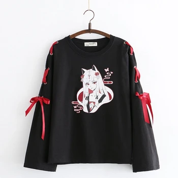 Letné Nové Oblečenie pre Ženy Anime Fox Vytlačené Kríž Páse s nástrojmi Ženy Lolita Dievčenské tričko Harajuku Jar Voľné Čiernej Hore