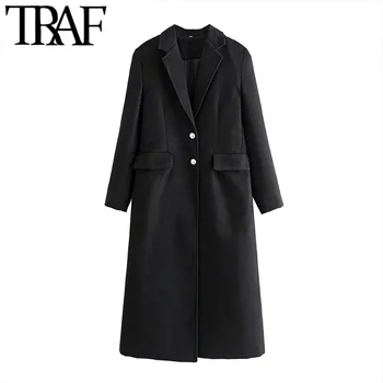 TRAF Ženy Móda Singel svojim Vybavené Vlnené Kabát Vintage Dlhý Rukáv Welt Vrecká Žena vrchné oblečenie Elegantný Kabát
