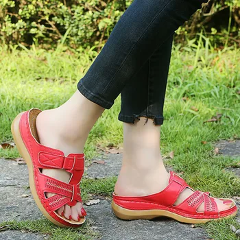 2021 Lete Ženy Klin Sandále Premium Ortopedické Otvorené Prst Sandále Vintage Anti-slip Kožené Bežné Ženské Platformu Retro Topánky