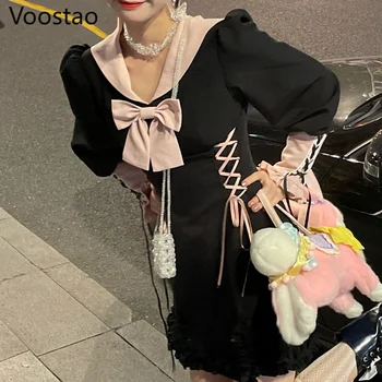Japonský Gothic Lolita Šaty Dievčatá Ročník Námorník Golier Luk Obväz Party Šaty Cosplay Ženy Harajuku Punk Y2K Mini Šaty