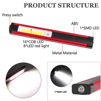 Najjasnejšie Pracovné Svetlo COB LED Baterka Magnetické Práce Lampa USB Nabíjateľné Baterky Kontrolné Svetlo s Červeným a Bielym Svetlom