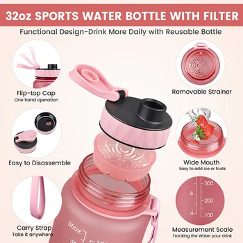 ZOMAKE 32oz Motivačný Fliaš Vody s Časom Značku, BPA Free Nepresakuje & Vymeniteľné Sitko Fliaš Vody pre Fitness
