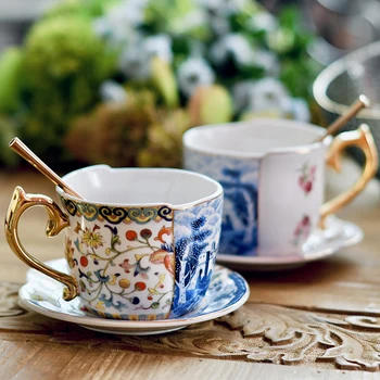 Nordic Light luxusné keramické šálku kávy a doska set retro pozlátené modrá a biela pohár popoludní čaj, káva, pohár a tanier gif
