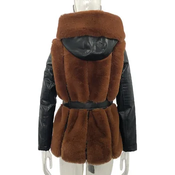2021 nové módne dámske kožušinový kabát žien pás s kapucňou farbou zips, kožené bundy zimné teplá bavlnená bunda