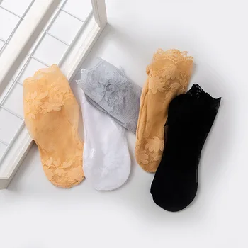 NOVÝ Ženy Listy Čipky Neviditeľné Ponožky Tenké Dámske Čipky Loď Ponožky Duté Non-slip Plytké Ponožky Ženy