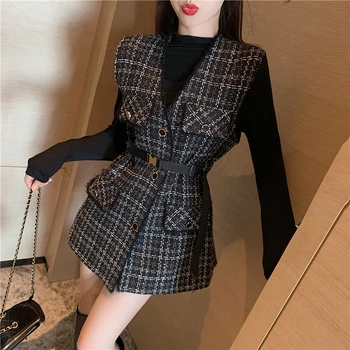 2021 jesenné a zimné nové dámske temperament polovice dĺžky, tvaru tweed vesta čierny sveter klesnutie tričko dvoch-dielny oblek