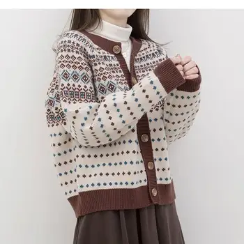 2021 jesenné a zimné nové retro móda sveter bunda ženy voľné dlhé rukávy okrúhle krčný all-zápas pletené top bežné