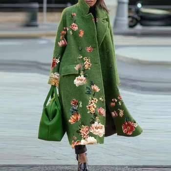 Ženy Módy Tlače Zelená Outwear Bežné Dlhý Rukáv Vrecku Cardigan Kabát Na Jeseň Zima Nové Voľné Zmes Vlny Dlhá Bunda Top