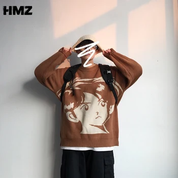 HMZ Mens Hip Hop Streetwear Harajuku Sveter Vintage Retro Japonskom Štýle Anime Dievča Pletený Sveter 2021 Jeseň Bavlna Pulóver