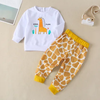 2021 Novo Jeseň Krásna, Krásna Detská Baby Dievčatá Oblečenie Sady Cartoon Bavlna Žirafa Tlač Dlhý Rukáv, Ružová, Topy+Pruhované Nohavice