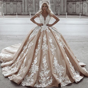 šampanské svadobné šaty 2019 čipky appliques hlboko v krku plesové šaty, čipky svadobné šaty iskrivý svadobné šaty arabčina