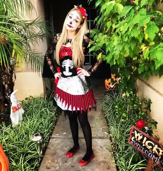 Dospelé Ženy, Halloween, Deň Mŕtvych Kostým Dámske Svadobné Dlhé Rukávy Strašidelné Kostry Lebky Joker Cosplay Šaty