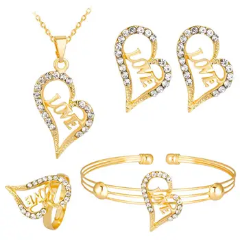 Srdce Tvar Nastaviť Módne Šperky Crystal Love Dámy Zlatá Farba Reťazca Romantický Zlatý Prívesok Kruh Náušnice Náramok, Náhrdelník 2021