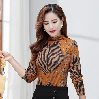 Ženské turtlenecks Blúzky kórejský módny štýl s dlhým rukávom, blúzky, ženy Pružnosť vintage kvetinový top