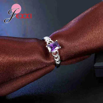 Elegantné Ženy Dámy 925 Sterling Silver Vyhlásenie Šperky Spevnené CZ Ušľachtilý Fialová Crystal Trendy Tenké Duté Srdce Krúžok