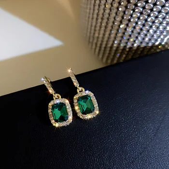 Nový Luxusný Zelený Smaragd Vykladané Drahokamu Prívesok Náušnice Pre Ženy Geometrické Námestie Ženy Náušnice 2021 Trend Šperky Darček