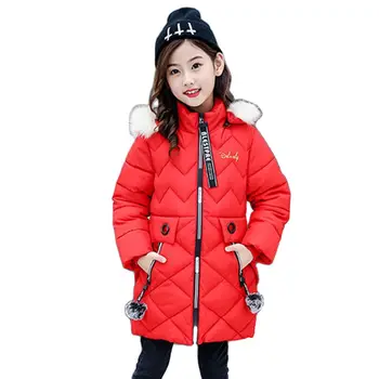 Zimné Polyester Bunda Pre Dievčatá, Nové kórejská Verzia Zahustiť Módne Kožušiny Golier s Kapucňou Strednej dĺžky Bežné detské Oblečenie