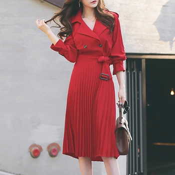 Kórejský Elegantný Štýl Dvojité Breasted Ženy Záhybov Šaty Elegantné Ženy Turndown Golier Strednej Dĺžky Nosenie na Business Vestidos