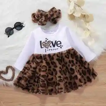3ks Dievčatká Jeseň Zimné Oblečenie Súpravy Dojčenská Leopard Fleece Kabáty + Dlhý Rukáv A-linajkované Šaty + hlavový most Teplé Detské Oblečenie
