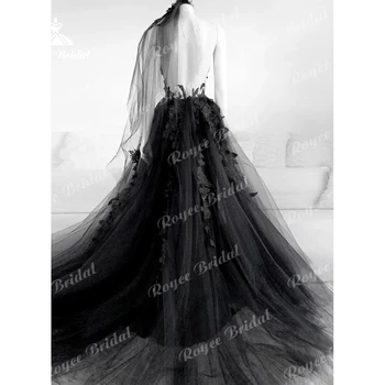 Gotický Čierne Dlhé Svadobné Šaty 2022 Sexy Svadobné Šaty Vestidos de Novia Sexy Tylu Svadobné Šaty Trouwjurk Plus Veľkosť
