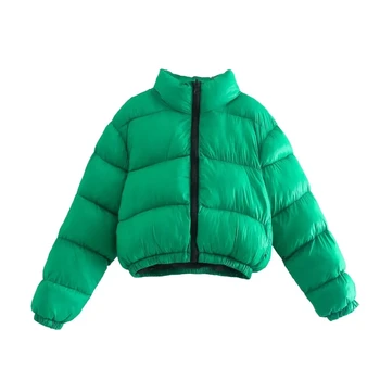 TRAF Za 2021 Zelená Bunda Ženy Zimné Čalúnená Coats Žena Nadrozmerná Zips Bunda Streetwear Módy Dlhý Rukáv, Prešívané Kabáty