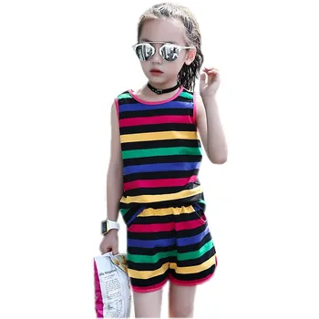 Bavlna Dievčatá Oblečenie Set Sa 2019 Letné Baby Dievčatá Šaty, Vesta Prúžok Seeveless Rainbow Bavlna Deti Oblečenie Móda