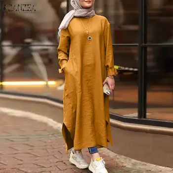 Plus Veľkosť S-5XL Ženy Vintage Moslimských Letné Šaty s Dlhým Rukávom Split Šaty Bežné Abaya Hidžáb Šaty Vestido Dlho Maxi Šaty