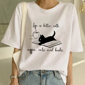 Móda coffce t-shirt dámske život, je lepšie s coffce tričká unisex zábavné, roztomilé mačka t shirt letné biele zviera tlače topy