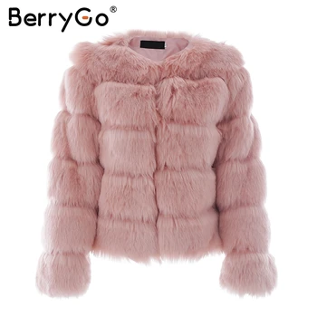 BerryGo Načechraný umelú kožušinu kabát ženy Krátke, chlpaté falošné kožušiny zimné vrchné oblečenie ružový kabát 2017 jeseň bežné strany nadrozmerná kabát žena