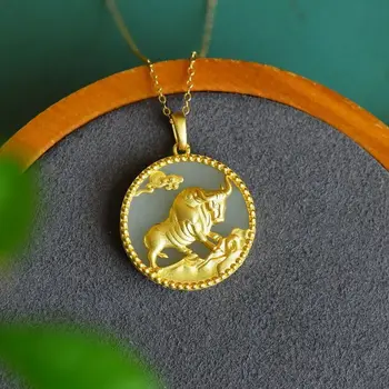 Prírodné Hetian Jaspis Kolo Značky Bull Prívesok Náhrdelník Čínskom Štýle Retro Jedinečné Antické Zlato Plavidlá Kúzlo Ženy Značky Šperky